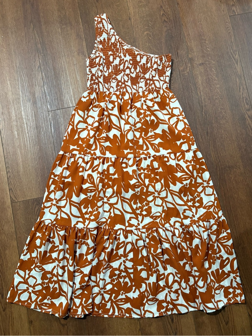 Sugarlips Rust Ivory Floral One Shoulder Smocked Midi Dress Size M